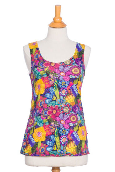 Lara Reversible Camisole by Rien ne se Perd, Colourful Flowers, wide straps, high neck on one side, scoop neck on the other side, fitted at the chest and dflared through the waist, sizes XS to XXL, made in Quebec
