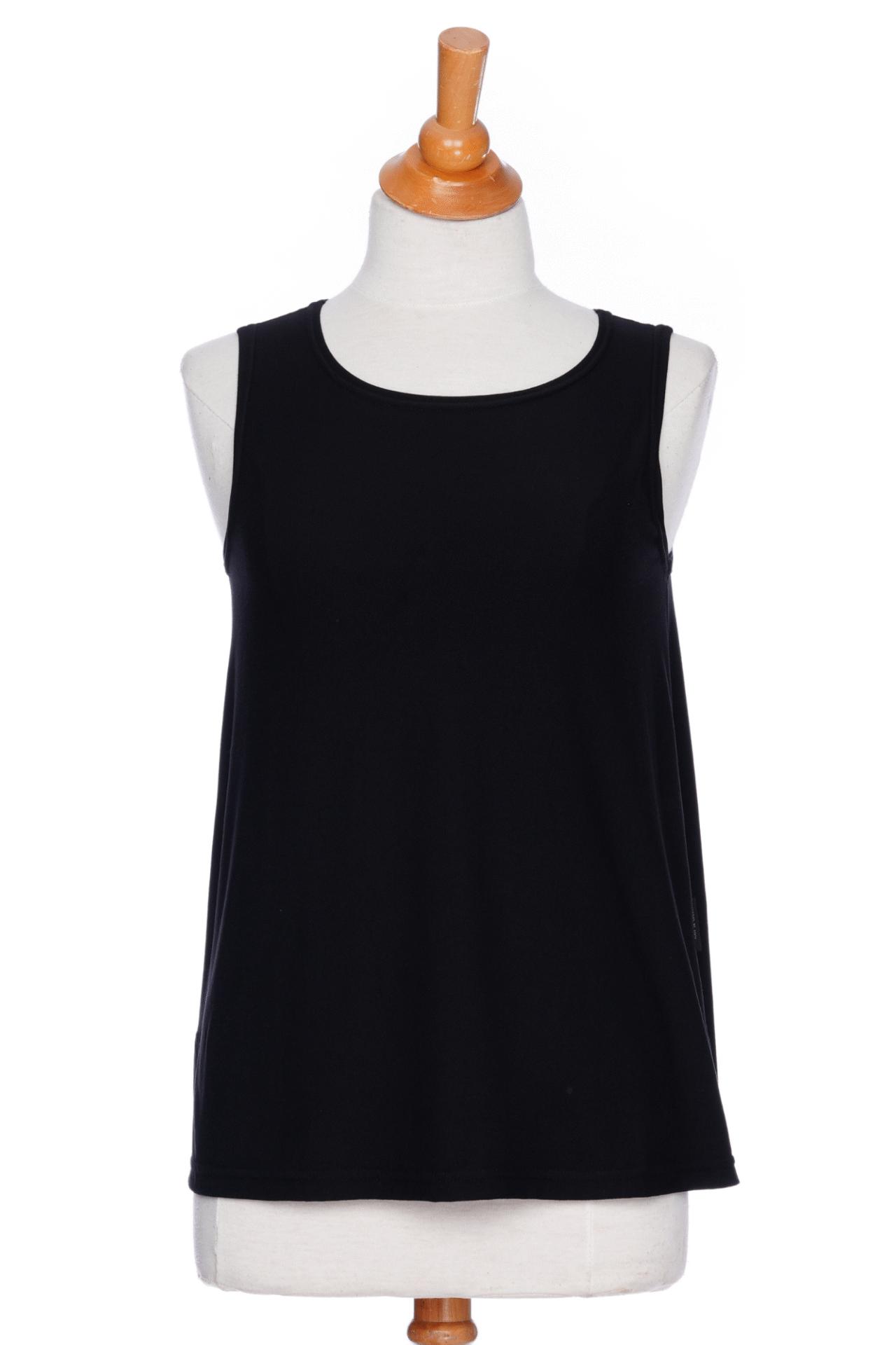 The Spritz Tank Top by Rien ne se Perd in Black, with wide straps and side slits, is shown on a mannequin in front of a white background 
