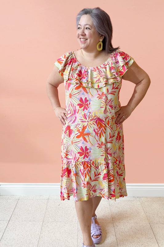 Cassandra Dress by Pure Essence, Floral, double ruffle across neck and shoulders, tiered skirt, loose fit, midi-length, sizes XS to XXL, made in Canada