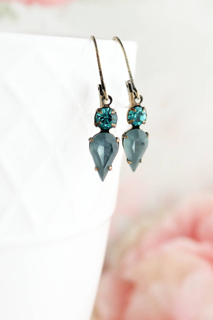 Tiny Vintage Glass Drop Earrings | Peacock Blue