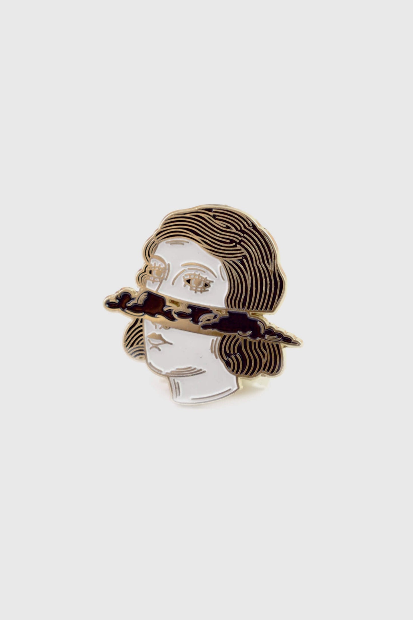 The Cloud Head pin from Badaboöm Studio, depicting a women's face horizontally bisected by dark clouds, is shown against a white background. 