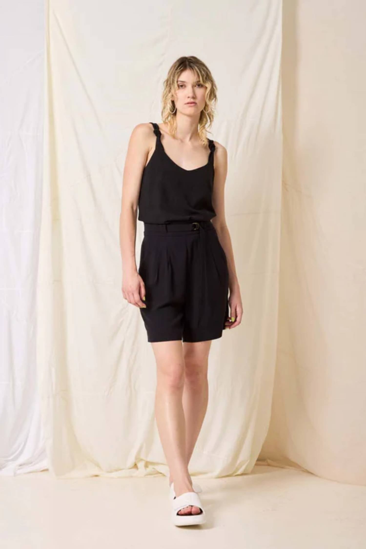 Kamala Short by Cokluch, Black, high waist, paper-bag effect, ring belt, front pleats, button closure at waist, pockets, eco-fabric, OEKO-TEX certified, sizes XS to XL, made in Montreal