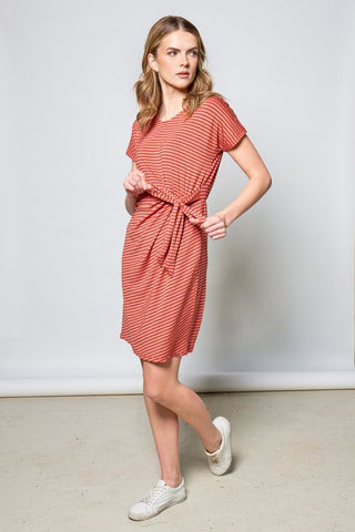 Joelle Dress by Tangente, Coral/Black stripes, cap sleeves, round neck, pleats and built-in tie at waist, elastic at the back of the waist, above the knee length, eco-fabric, bamboo rayon, sizes XS to XXL, made in Ottawa 