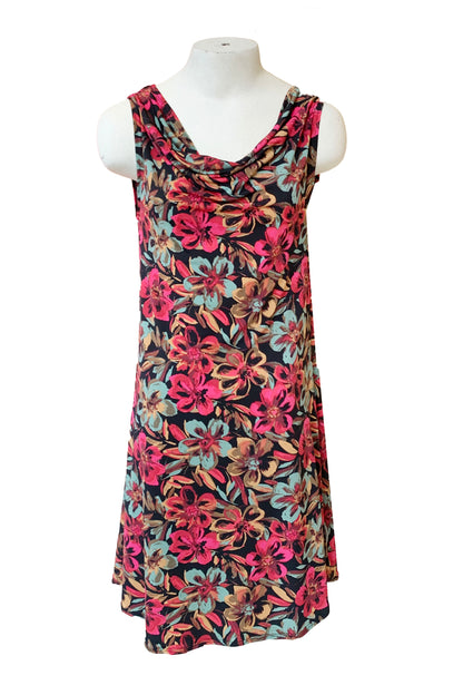 Cowl Dress by SI Design, Floral, cowl neck front and back, sleeveless, above the knee legnth, A-Line shape, sizes S-L, made in Quebec