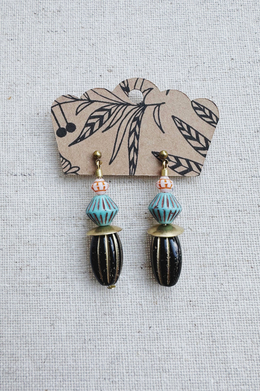 Beaded Czech Glass Earrings - Orange/Blue Lantern/Black Oval