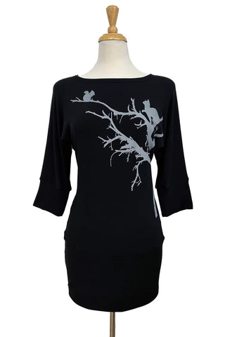 Dania Tunic Silk Screened by Desserts and Skirts, Black with Cat and Squirrel, wide neck, 3/4 sleeves, wide band at hem, sizes XS to XXL, made in Toronto