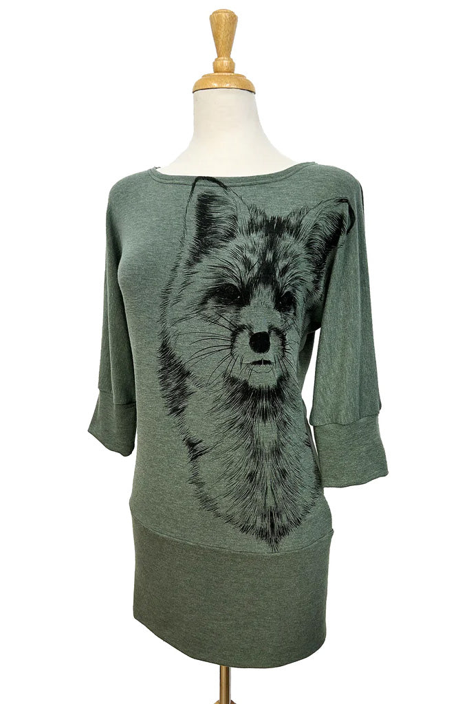 Dania Tunic Silk Screened by Desserts and Skirts, Green with Fox, wide neck, 3/4 sleeves, wide band at hem, sizes XS to XXL, made in Toronto