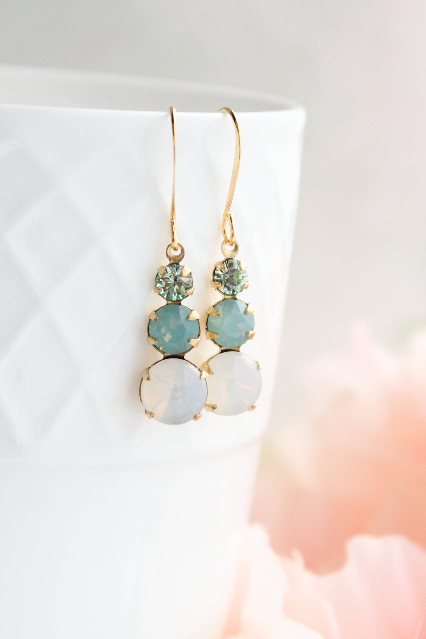 Vintage Glass Earrings - Three Jewel Aqua and Opal Glass
