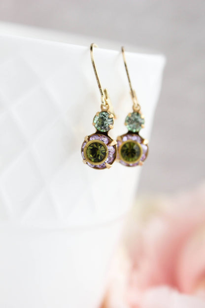 Small Glass Drop Earrings | Violet Purple and Olivine Green