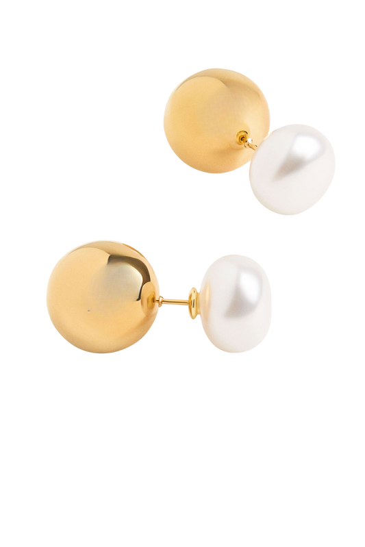 HoopLa Pearl and Ball earrings shown against a white background. 