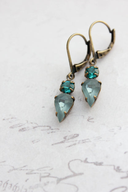 Tiny Vintage Glass Drop Earrings | Peacock Blue