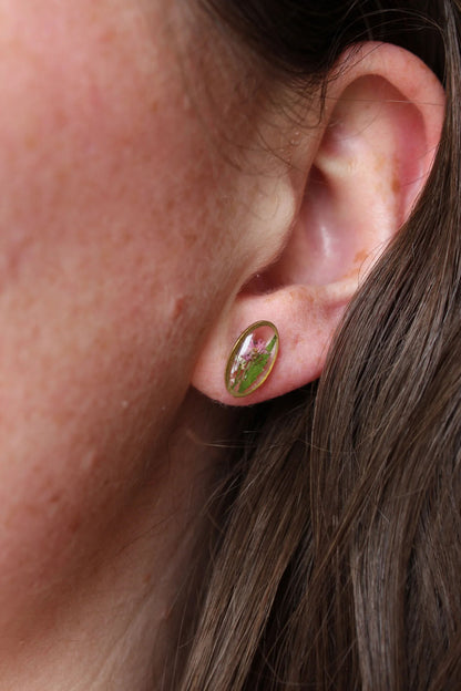 Pressed Flower Oval Stud Earrings