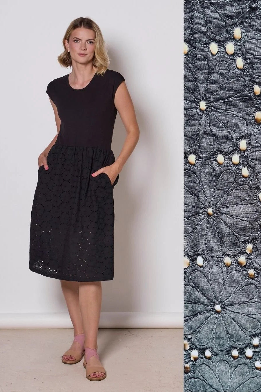 A woman wearing the Primrose Dress by Tangente in Black, a knee-length dress featuring a bamboo rayon bodice and daisy eyelet skirt, with short sleeves and a round neck, standing against a plain background. A swatch of the eyelet fabric is shown next to the photo. 