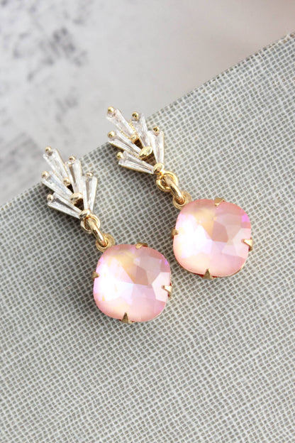 Art Deco Glass Leaf Post Earrings | Pastel Pink Glass Jewel