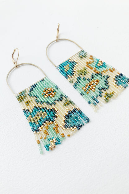 Mint Mustard and Cream Abstract Floral Fringe Earrings