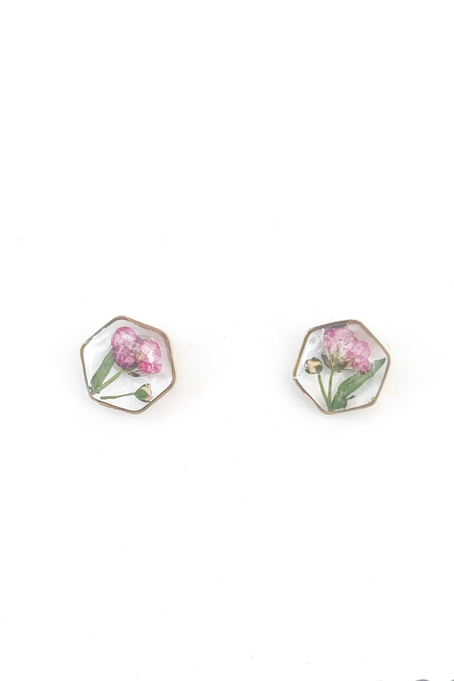 Pressed Flower Hexagon Stud Earrings