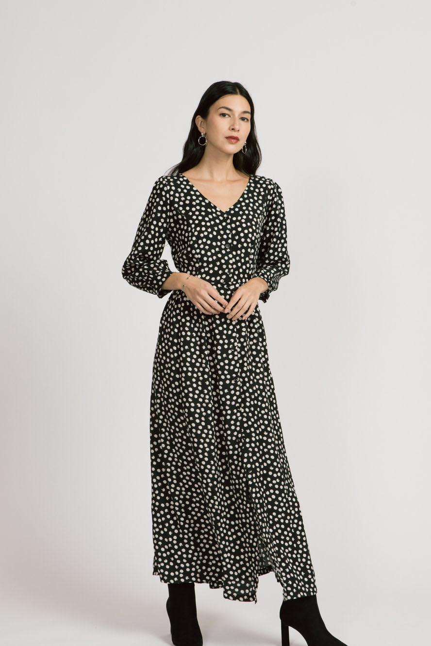 Jezebel Dress by Allison Wonderland, Dots, maxi dress, V-neck, button front, gathered sleeves, fitted waist, sizes 2-12, made in Vancouver