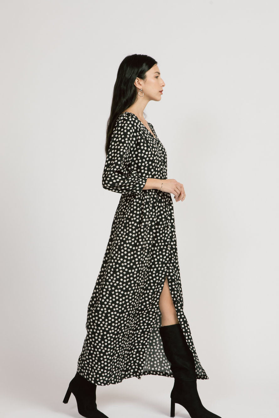 Jezebel Dress by Allison Wonderland, Dots, maxi dress, V-neck, button front, gathered sleeves, fitted waist, sizes 2-12, made in Vancouver