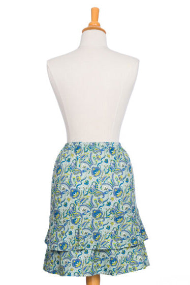 Christina Skirt by Rien ne se Perd, Mint, back view, paisley print, A-line, elastic waist, above the knee, double ruffle at the hem, sizes XS to XXL, made in Quebec