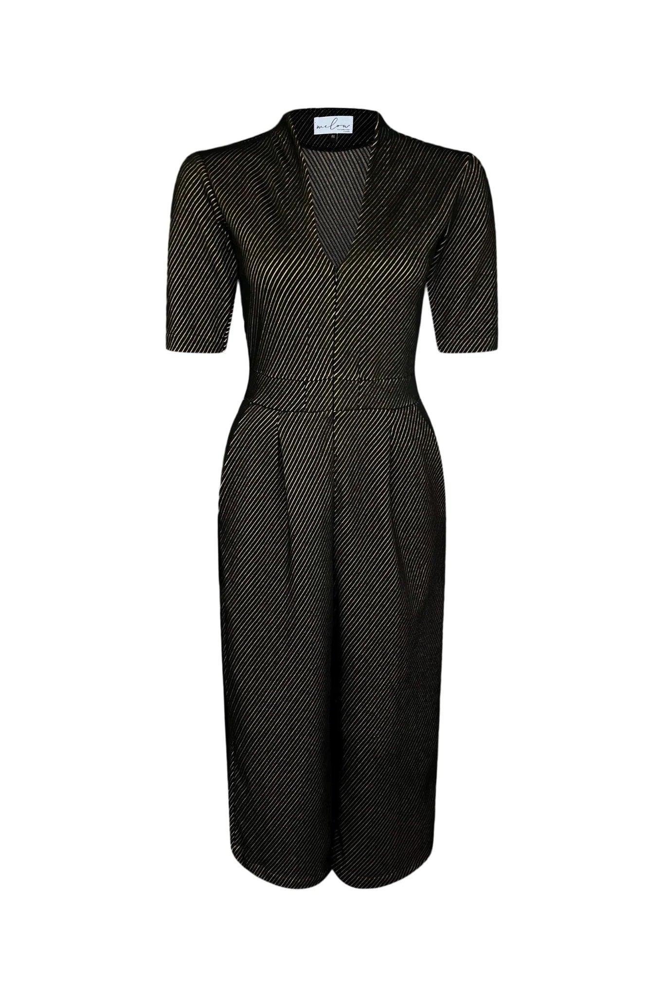 The Lexie Jumpsuit by Melow in Black, featuring short sleeves, a V-neck, invisible front zipper, elastic waist, and 34/ length legs in a diagonal stripe fabricm, is shown against a white background. 