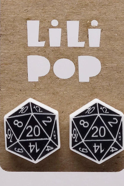 Two DND dice stud earrings on a Lili Pop branded card.