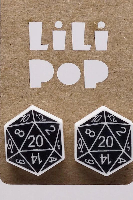 Two DND dice stud earrings on a Lili Pop branded card.