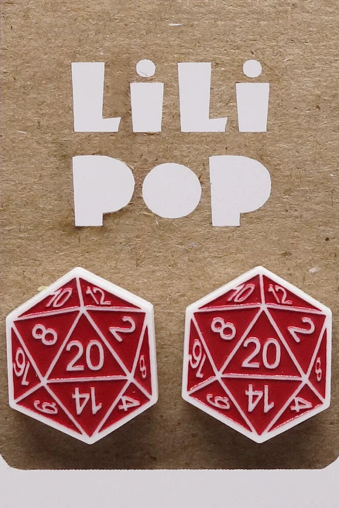 Red and white DND dice-shaped earrings on a brown card with 'Lili Pop' branding.
