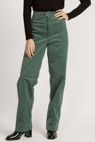 Lydia Pant by Allison Wonderland, Pine, corduroy, high-waisted, fly front, front pockets, barrel leg with deep hem, sizes 2-12, made in Vancouver
