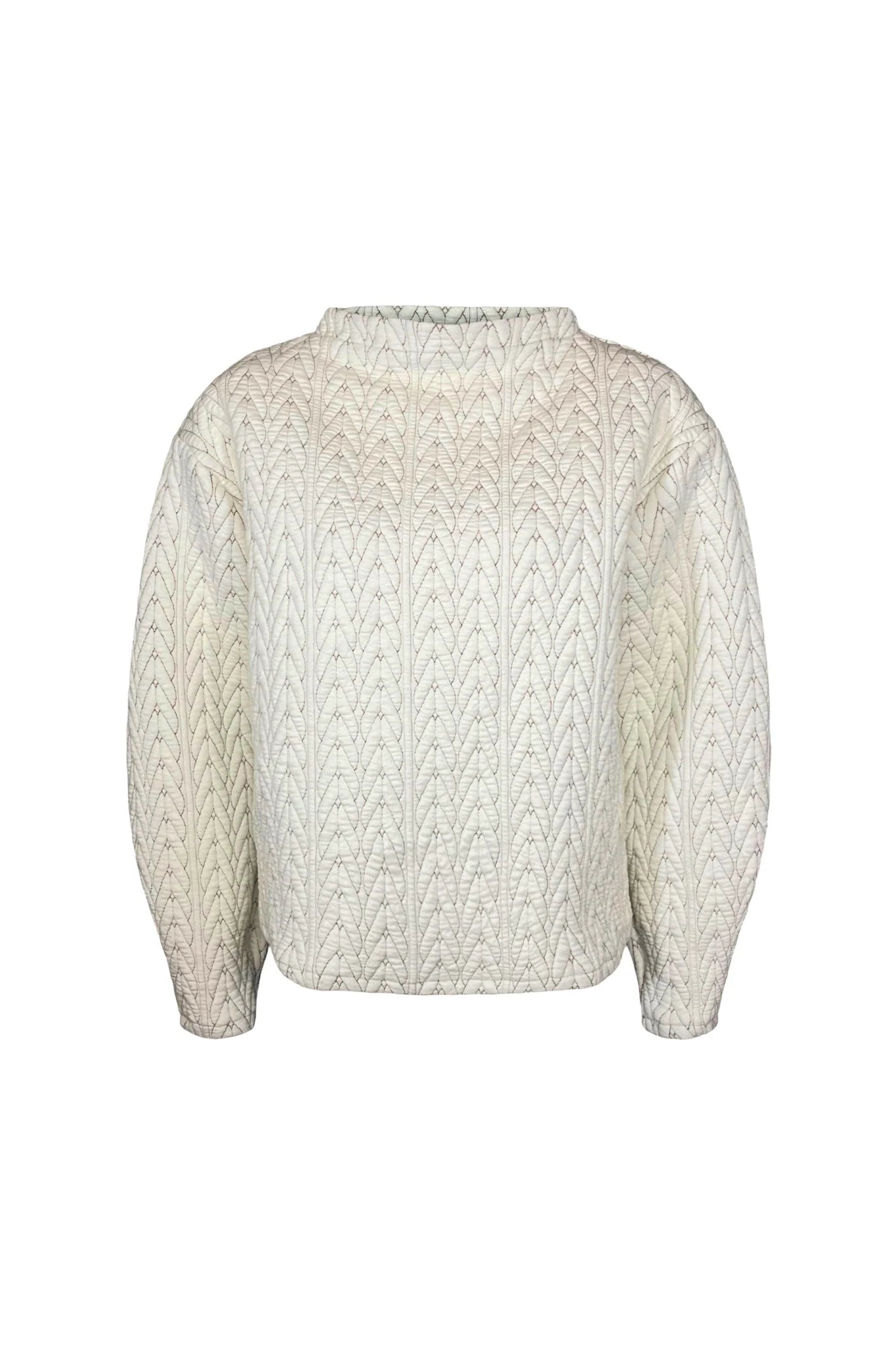 The Lorelai Sweater by Melow in Ecru, a quilted sweater in a cable-knit texture with a high neck and long sleeves, is shown against a white background. 