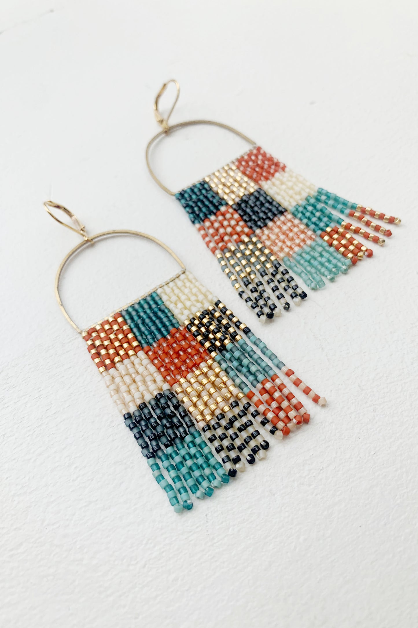 Teal Rust Check Beaded Fringe