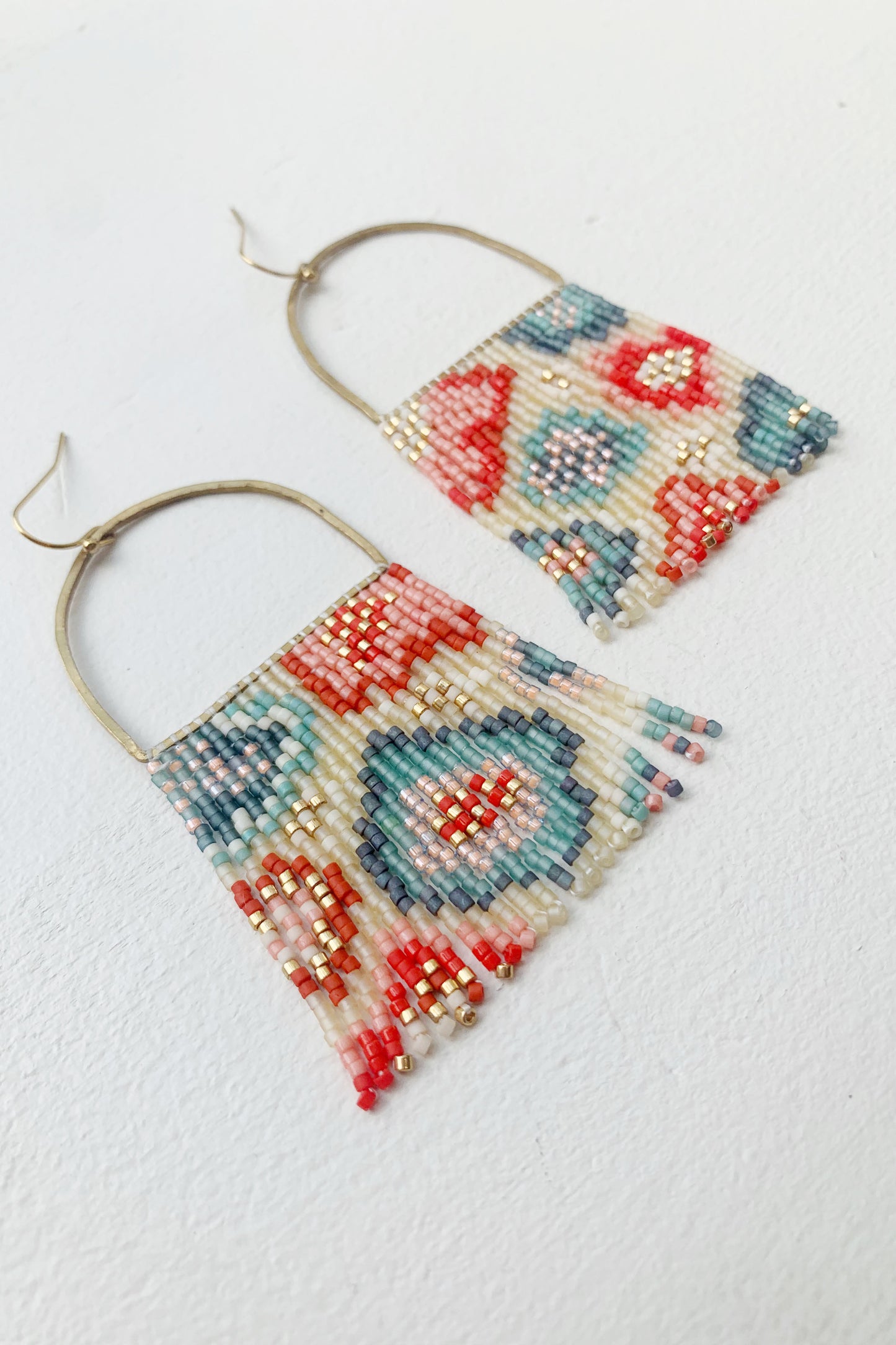 Pink Blue and Cream Abstract Floral Fringe Earrings