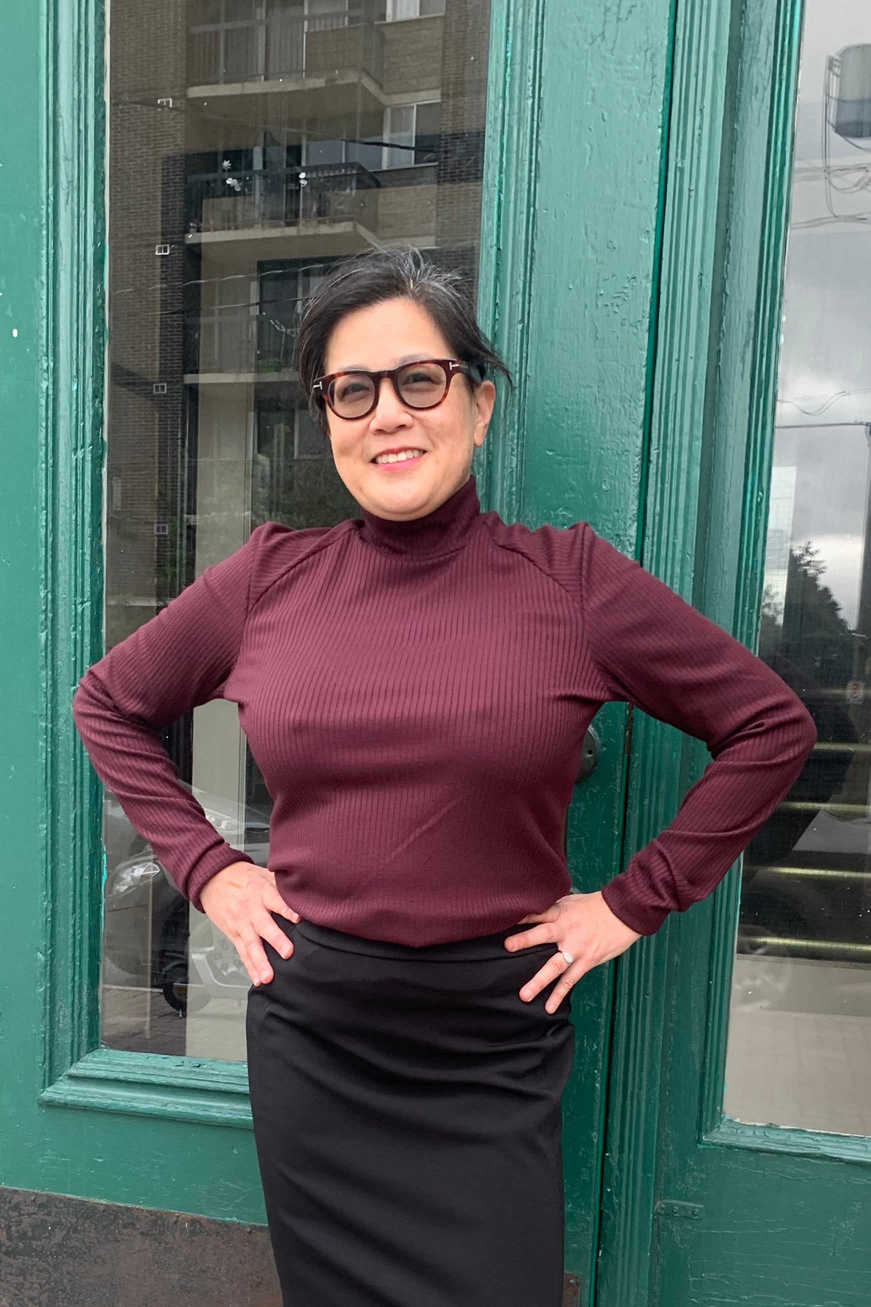 Claudia Top by Luc Fontaine, Plum, mock turtleneck, rib knit, sizes 4-16, made in Canada.