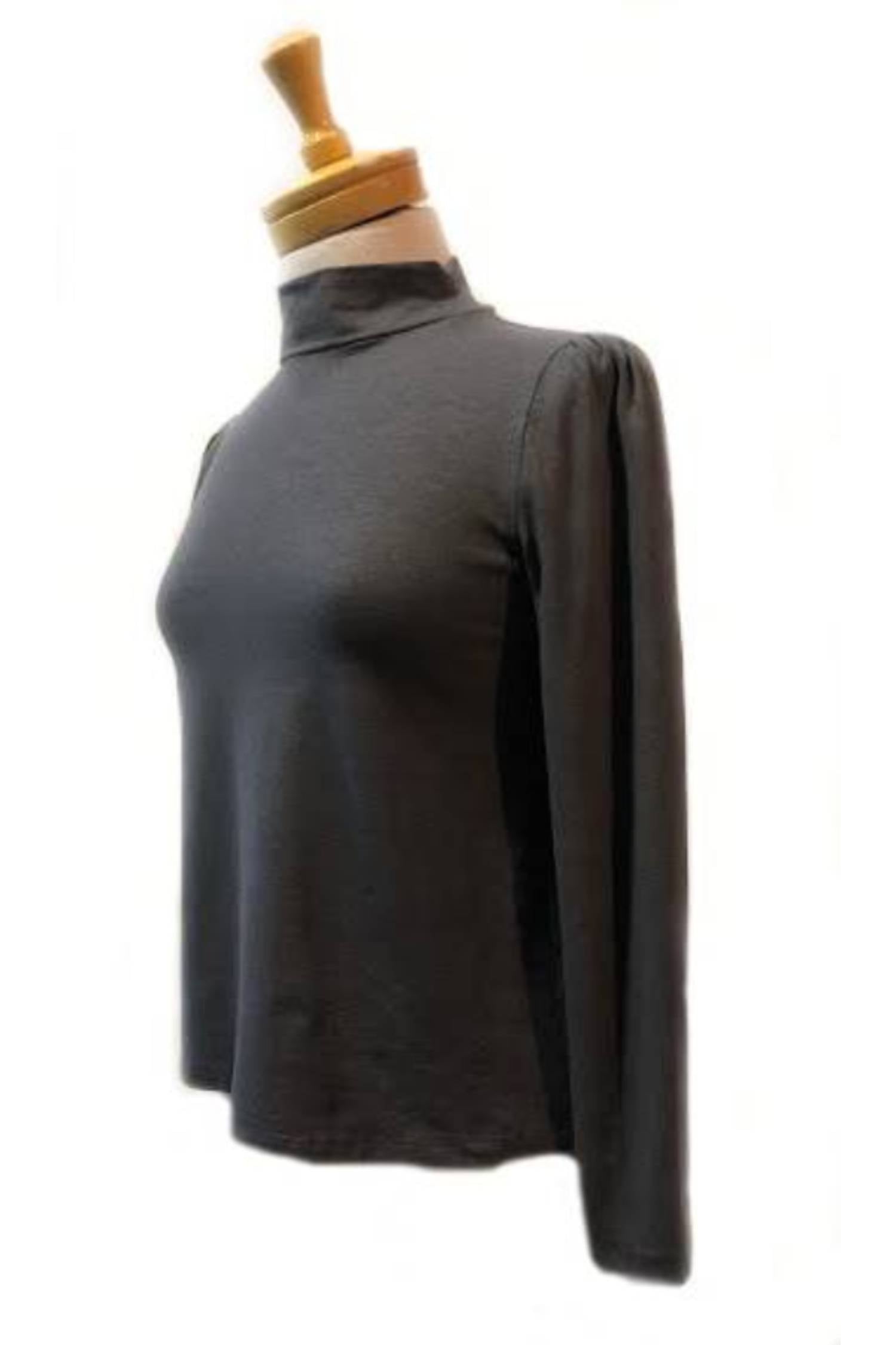 Logan Top by Ramonalisa, Charcoal, front view, mock turtleneck, puffed sleeves, hemp/organic cotton, sizes XS to XL, made in Montreal 