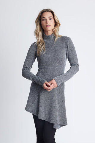 Lea Tunic by Dinh Ba, Black Stripe, turtleneck, long sleeves, asymmetrical flared hem, sizes S to XL, made in Montreal