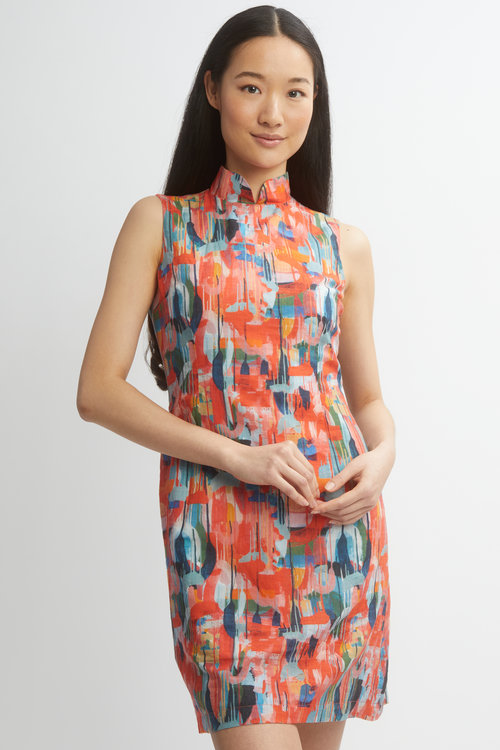 Alysse Dress by Dinh Ba, Red, abstract geometric print, stand-up notched collar, sleeveless, straight cut, above the knee, sizes XS to XL, made in Quebec
