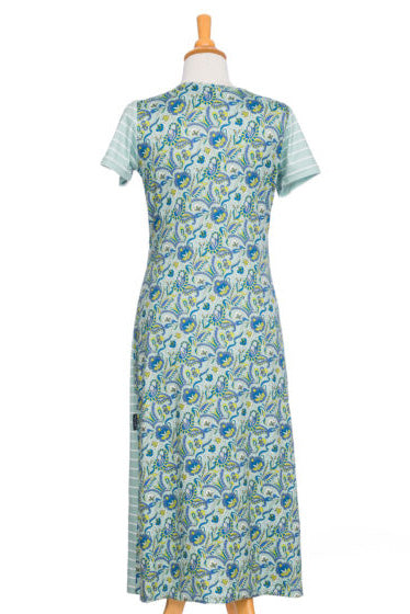 Dalida Dress by Rien ne se Perd, Mint, back view, contrasting stripe and paisley fabrics, short sleeves, round neck, adjustable waist with drawstring, 7/8 length, side pockets, side slit, sizes XS to XXL, made in Quebec