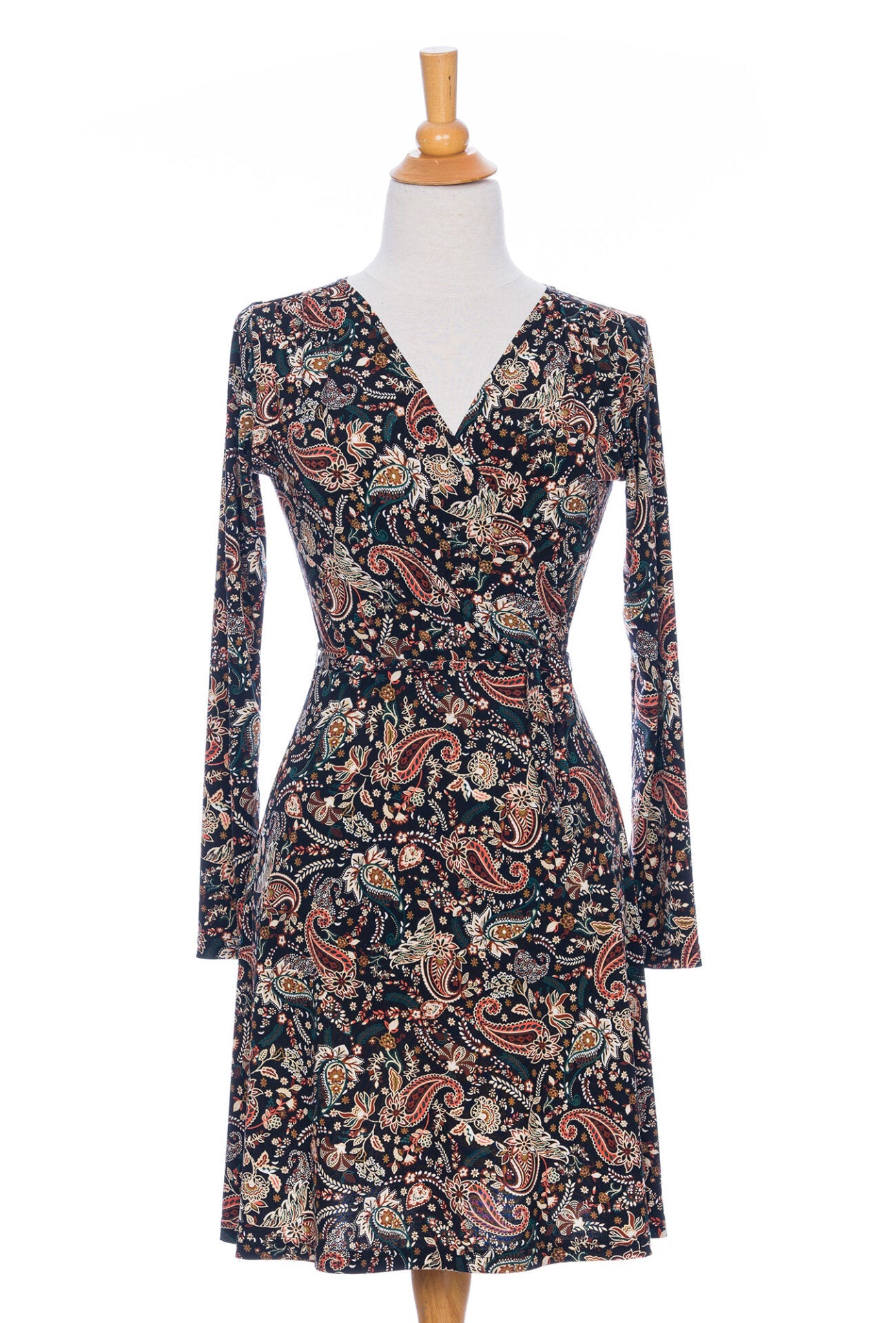 The Epilobe Dress by Rien ne se Perd in Fall Paisley, a classic wrap dress with a tie at the waist, delicate pleats at the shoulders, and a hem that hits above the knee, is shown on a mannequin in front of a white background. 