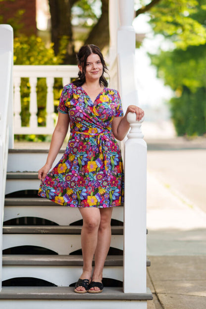 Selena Dress by Rien ne se Perd, Colourful Flowers, wrap dress, faux-wrap neckline, short sleeves, tie at waist, fit and flare shape, above the knee, sizes XS to XXL, made in Quebec 