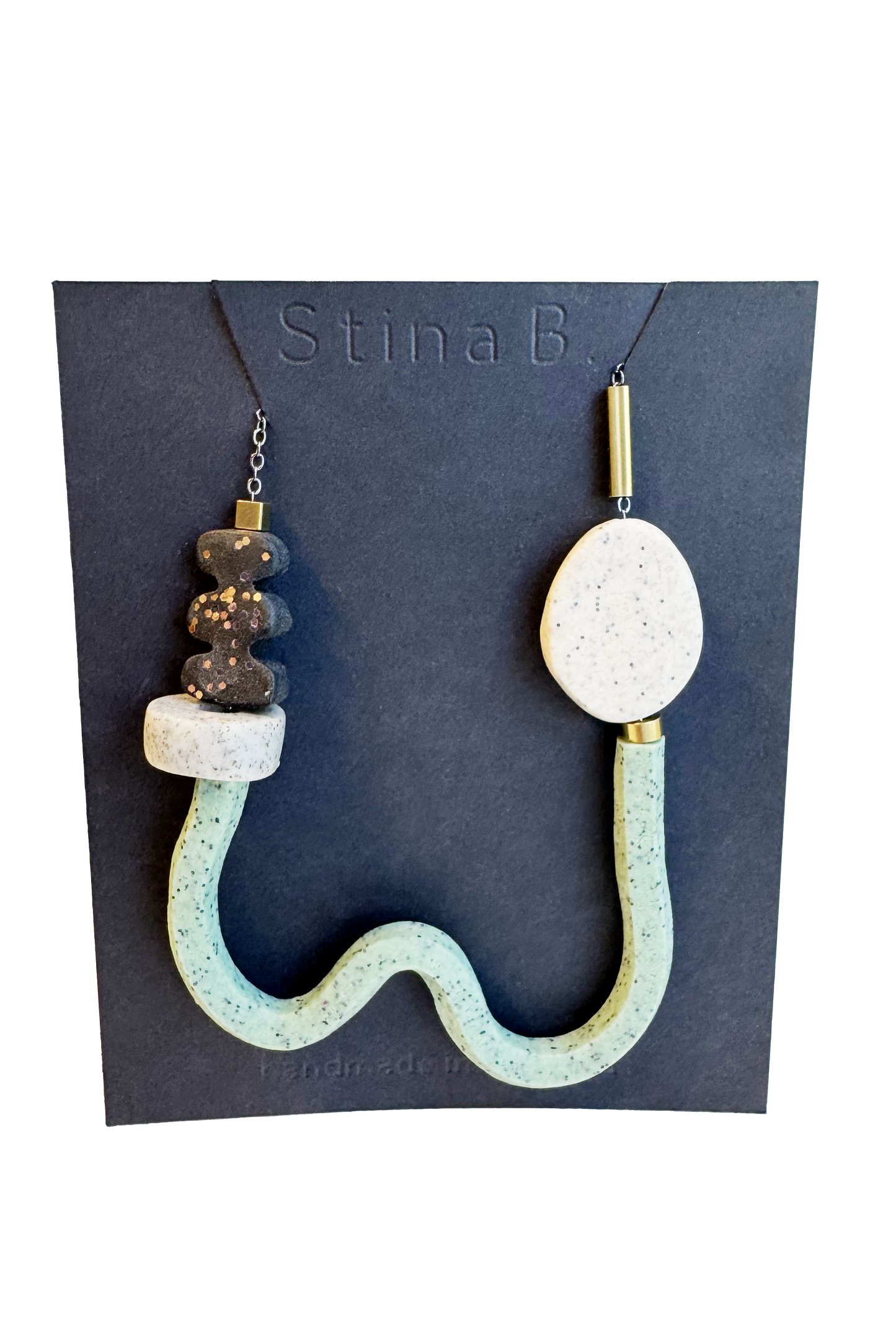 Black/Speckled Sage/ Speckled Concrete/ Speckled cream - Abstract Polymer Clay & Brass Necklace