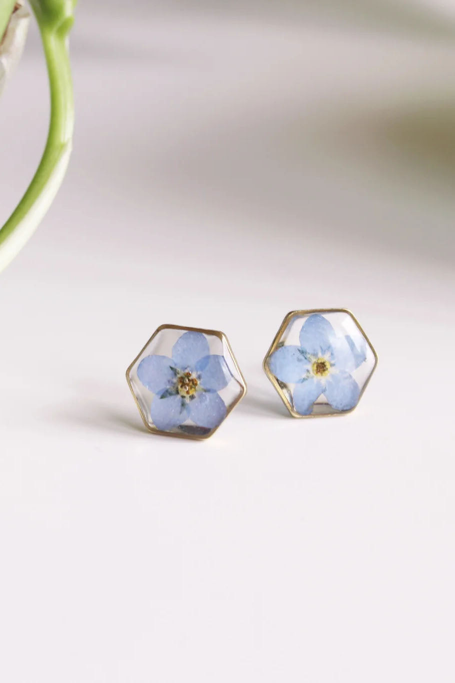 Pressed Flower Hexagon Stud Earrings
