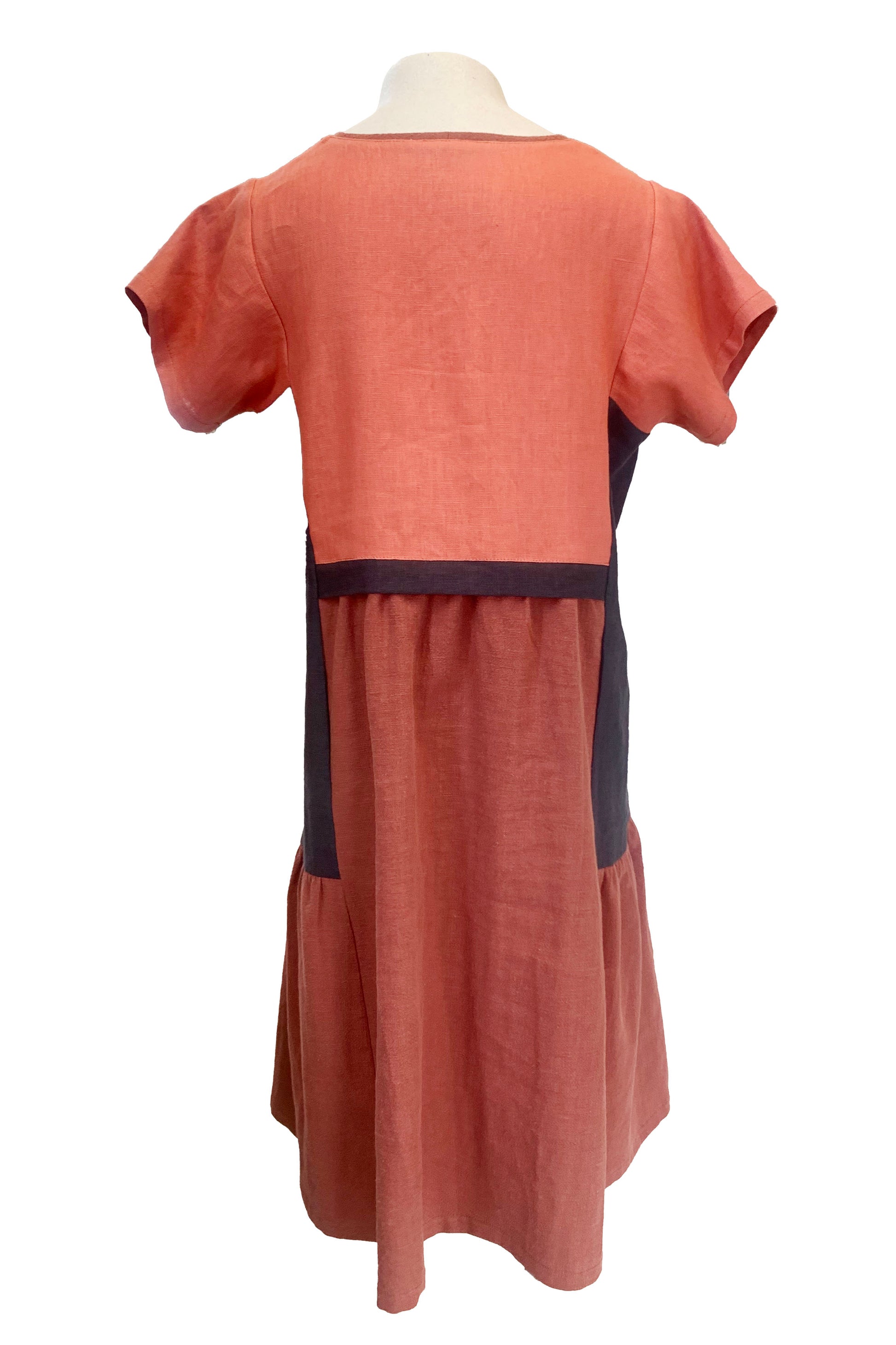 Alexis Dress by Solomia, Orange/Brown, back view, round neck, short sleeves, above the knee length, colour-blocked, darts at bust, gathers at waist and sides, pockets on front seams, eco-fabric, 100% linen, sizes S to XL, made in Carleton Place
