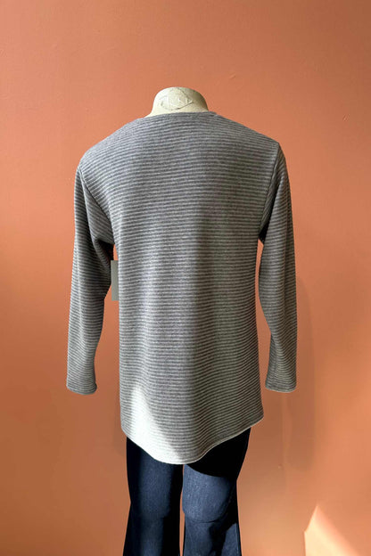 Hailey Crewneck Sweater by Solomia, Grey/Pink/Ochre/Green, back view, colour-blocked, long sleeves, loose fit, eco-fabric, bamboo and cotton, sizes XS to L, made in Ottawa