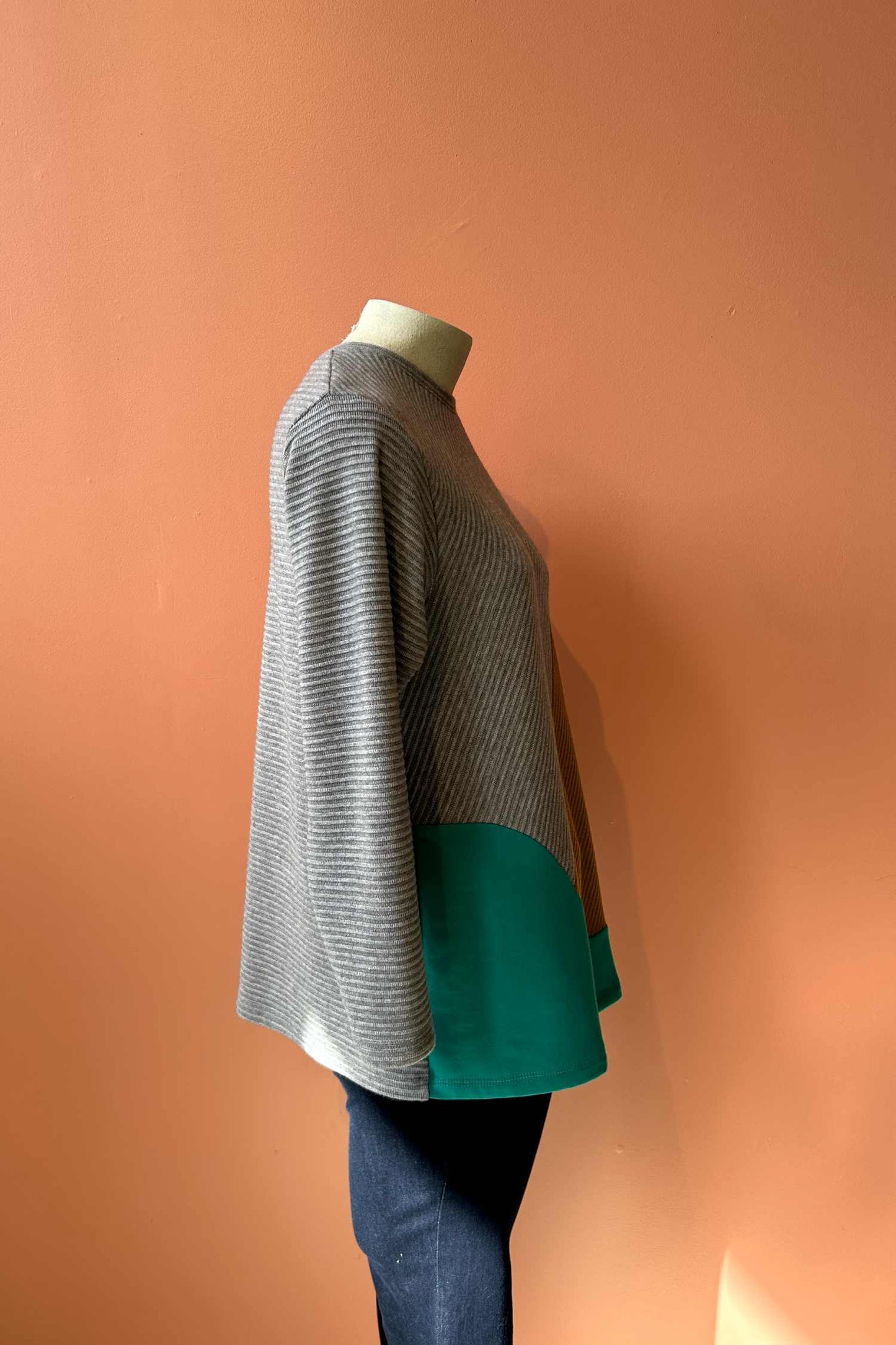 Hailey Crewneck Sweater by Solomia, Grey/Pink/Ochre/Green, side view, colour-blocked, long sleeves, loose fit, eco-fabric, bamboo and cotton, sizes XS to L, made in Ottawa