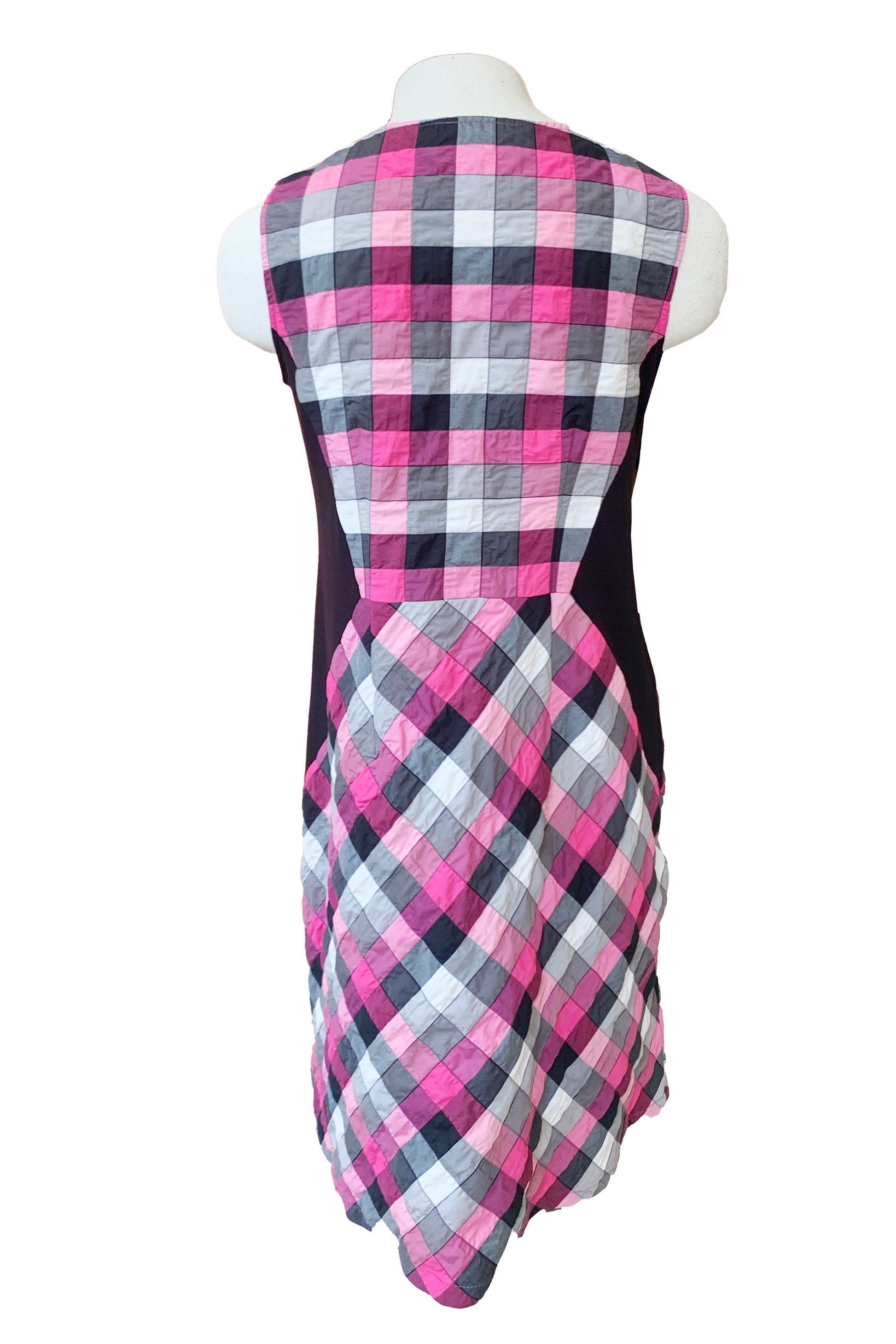 Amanda Dress by Solomia, Pink/White/Black, back view, plaid, sleeveless, round neck, contrasting black panels at the sides, above the knee, sizes XS to L, made in Carleton Place