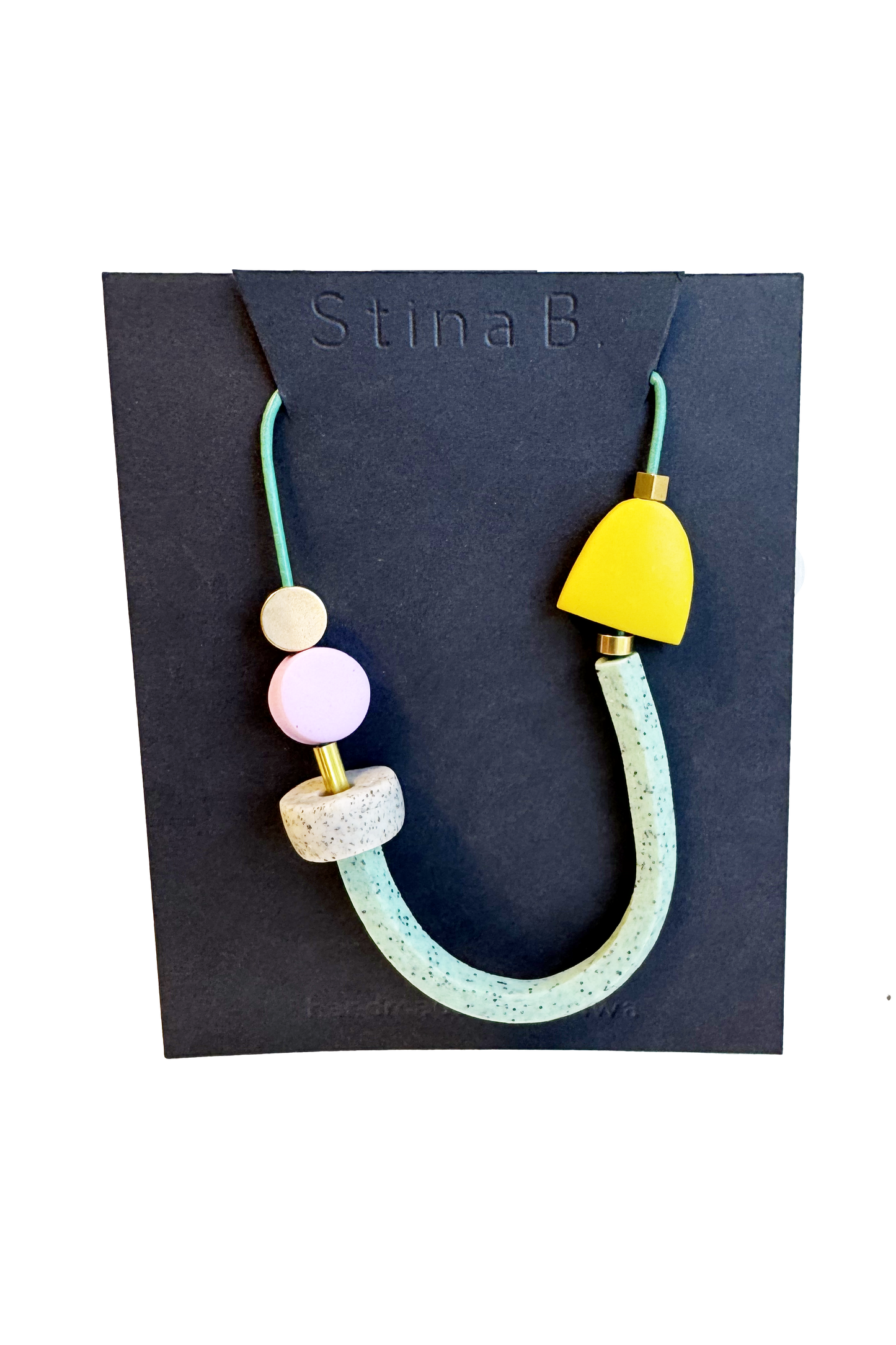 Yellow/Speckled Sage/Speckled Concrete/ Light Pink - Abstract Polymer Clay & Brass Necklace
