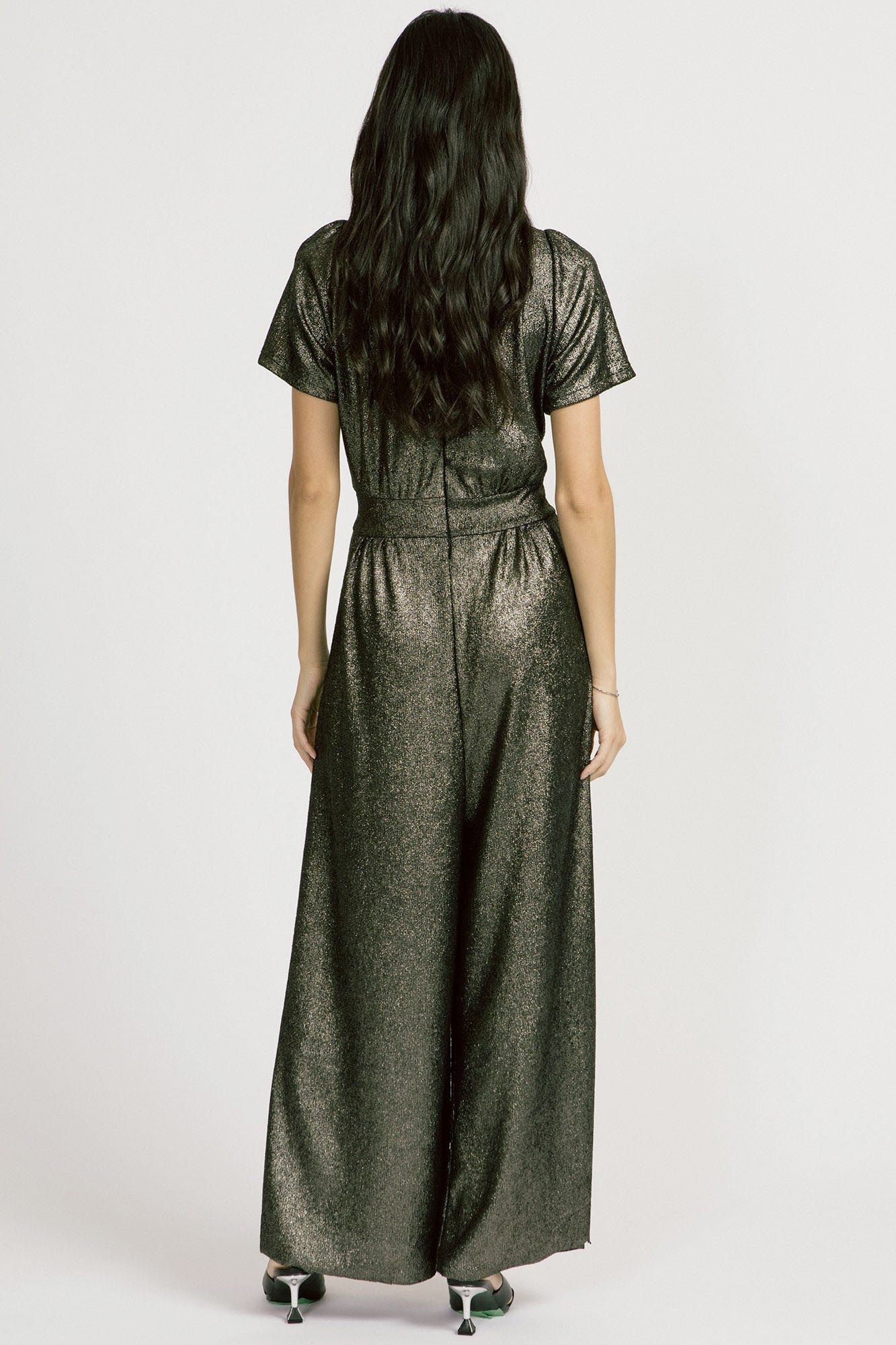 Spirited Jumpsuit by Allison Wonderland, Metallic, back view, short sleeves, deep V-neck, gathers under bust, fitted waistband, wide legs, front pleats, pockets, sizes 2-12, made in Vancouver