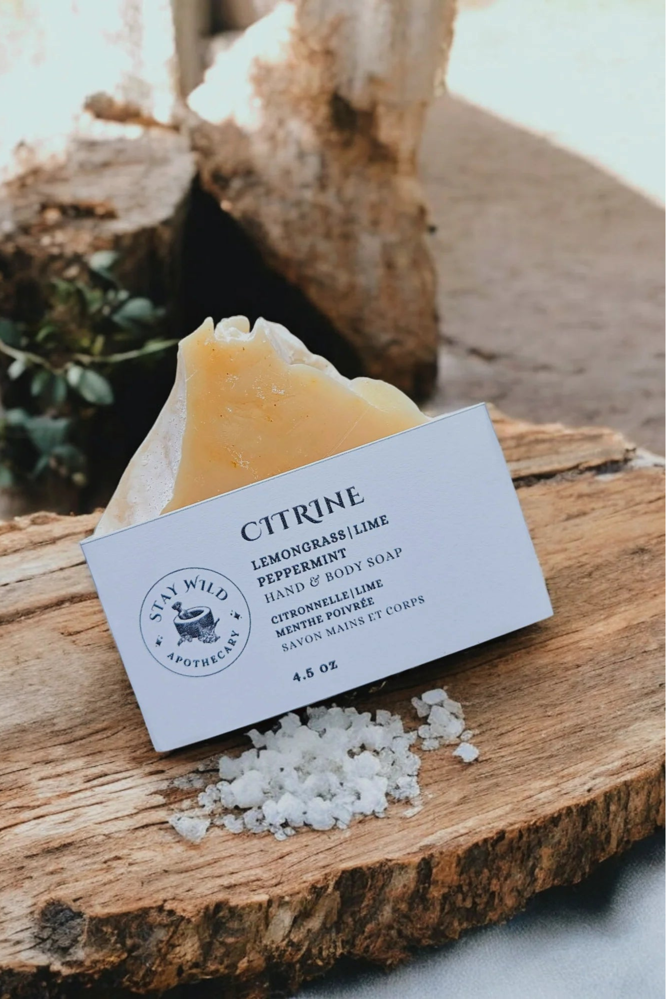The 'Citrine' soap bar by Stay Wild Apothecary is shown on a wooden surface