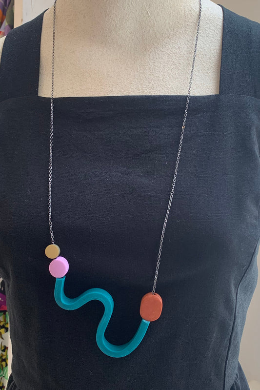 Teal Squiggle Necklace With Pink, Rust and gold beads