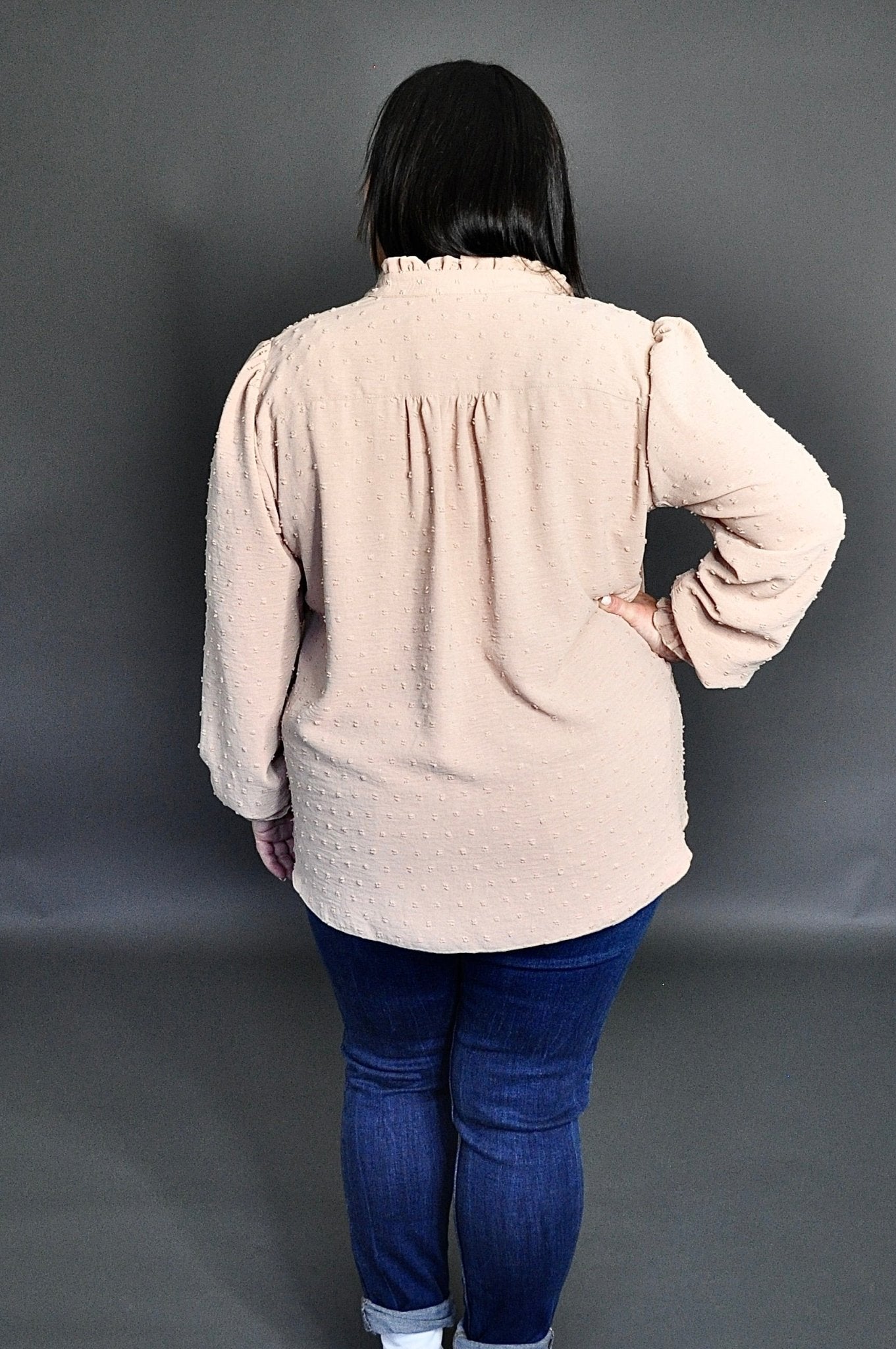 The Dot Blouse by Dotty, Nude, back view, v-neck, ruffles and tie at collar, long sleeves with smocking at the cuffs, gathers at the back, sizes XS to 1X, made in Toronto