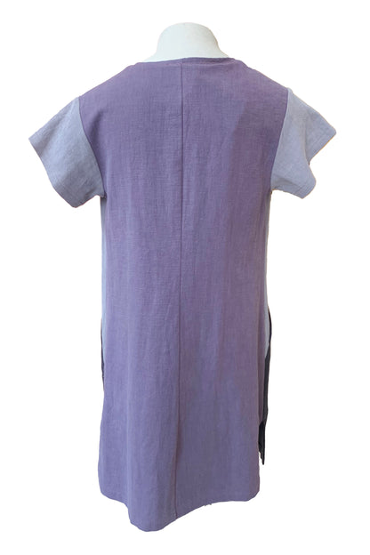 Alicia Tunic by Solomia, Purple/Grey, back view, round neck, short sleeves, colour-blocked, diagonal front seams, pockets, eco-fabric, 100% linen, sizes XS-L, made in Carleton Place